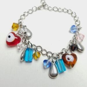 Vintage Colorful Glass Beaded Charm Bracelet, Silver Tone Chain, Evil Eye